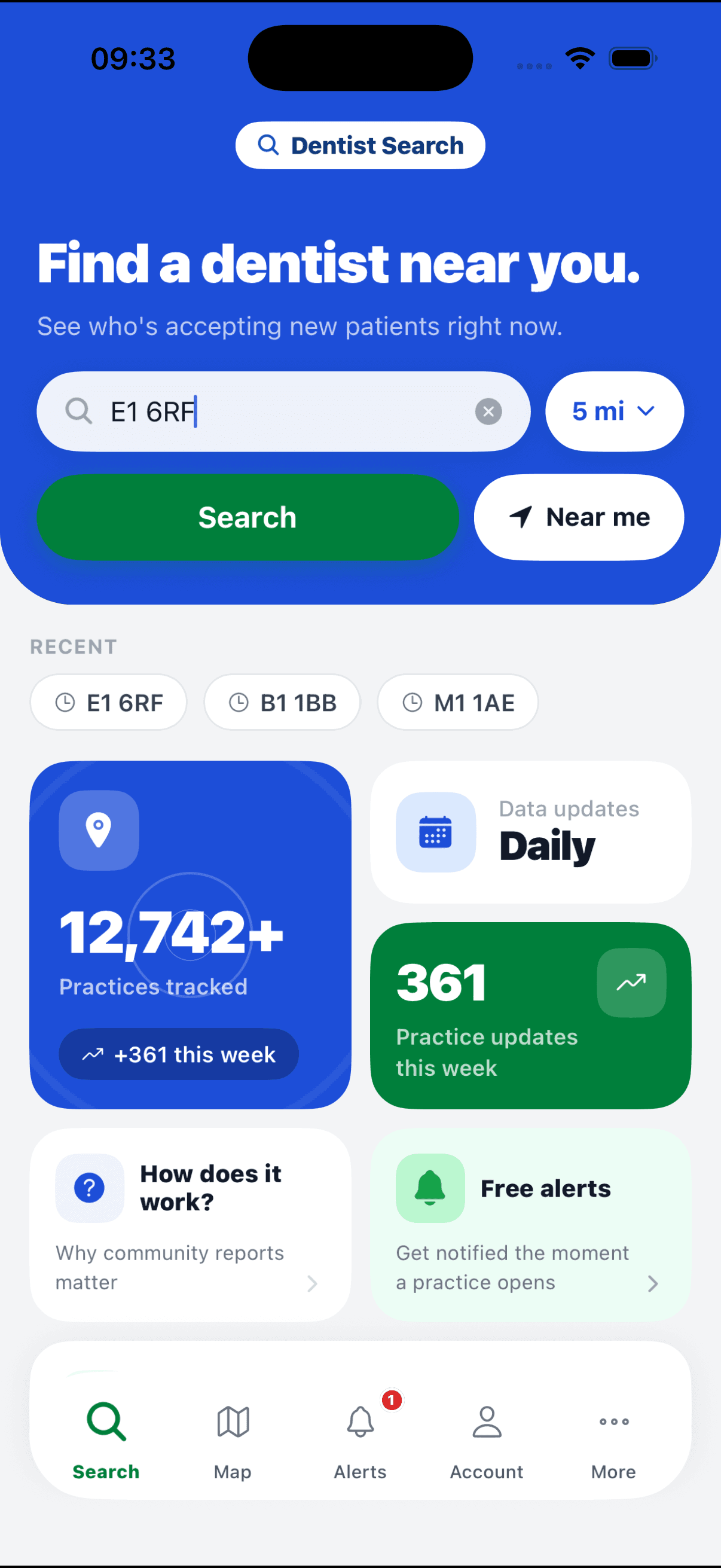 Dentist Search app showing a location search bar and nearby practice stats