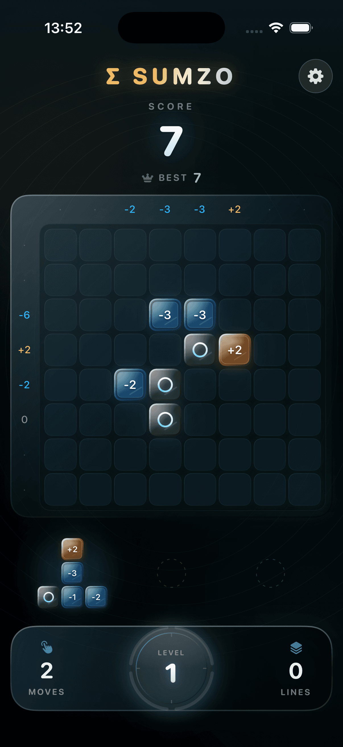 Sumzo gameplay showing an 8x8 grid with target sums along the edges and numbered tiles ready to place